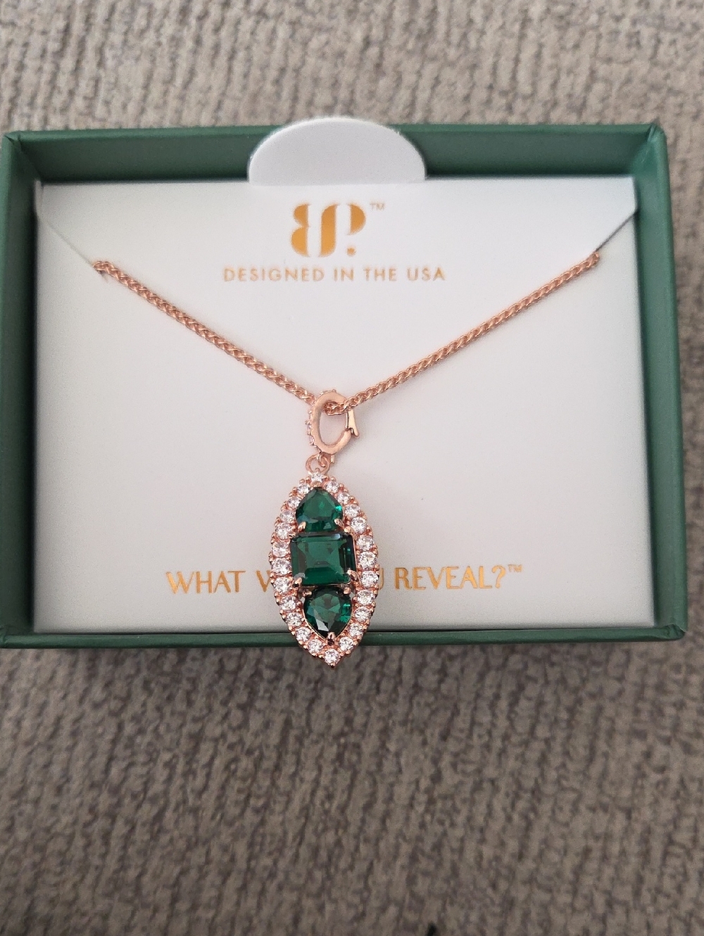 Rose Gold Necklace with Emerald Green Gemstone Pendant by Bomb Party